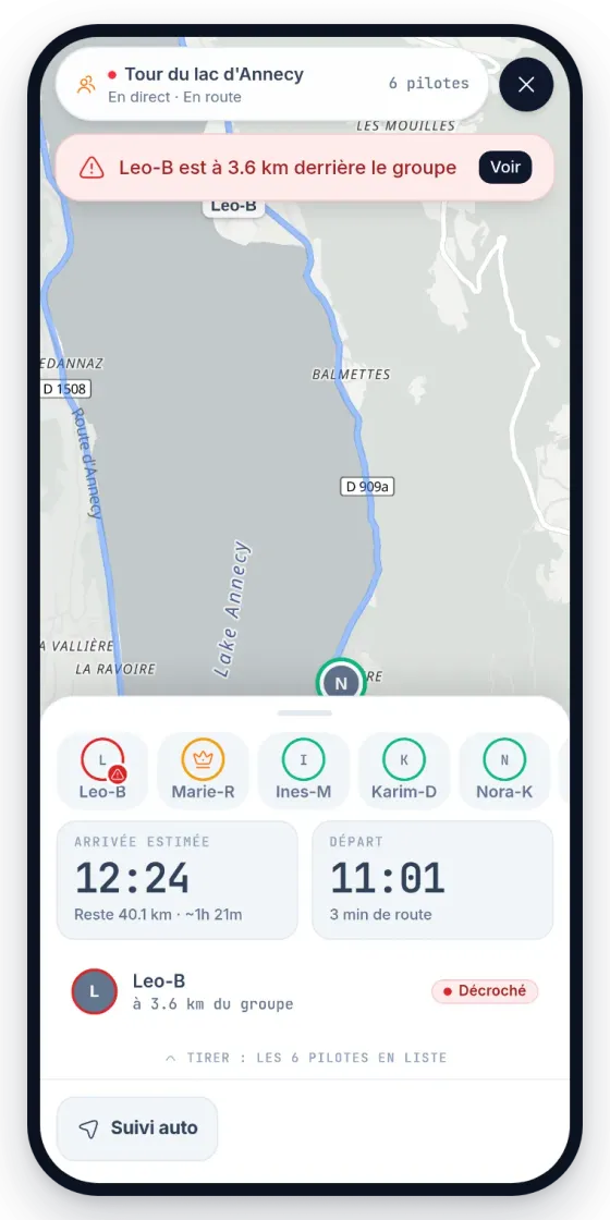 La balade en direct sur téléphone : six pilotes suivis sur la carte, une alerte qui signale qu'un pilote est à 3,6 km derrière le groupe, et l'heure d'arrivée estimée.