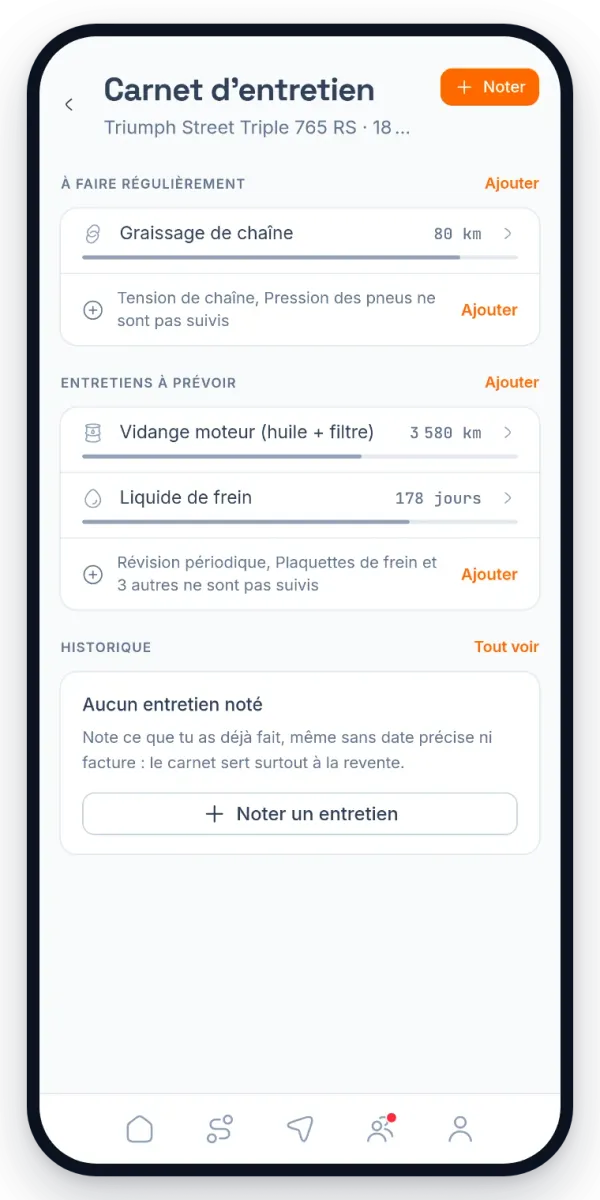 Le carnet d'entretien d'une moto sur téléphone : les entretiens réguliers et ceux à prévoir, chacun avec sa barre de progression.