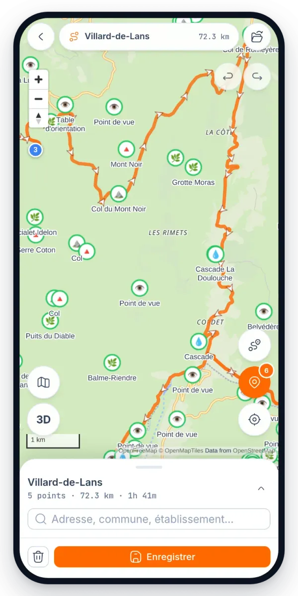 Le planner Waver sur téléphone : un tracé orange de 72,3 km dans le Vercors, des points de vue et des cols autour, et le bouton Enregistrer en bas de l'écran.